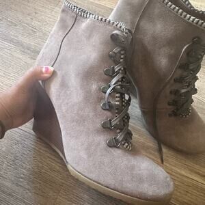 J Crew Ash Gray Buckley Wedge Suede Leather Booties Lace Up Wood Stacked Heel